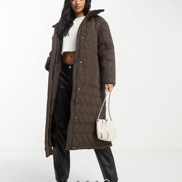Urban Code Petite Longline puffer coat with zigzag quilt in chocolate brown - Picture 5 of 7